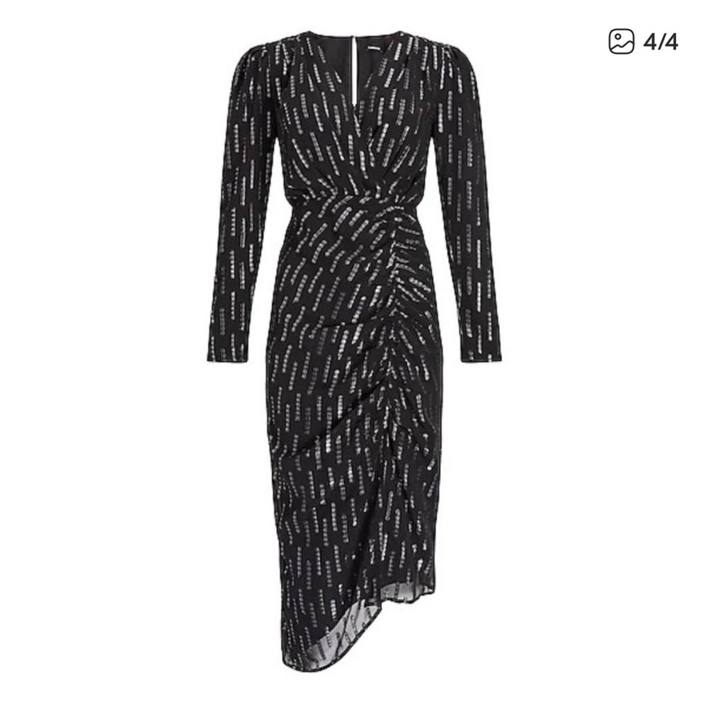 EUC Express Metallic Faux Wrap Ruched Front Asymmetrical Midi Dress